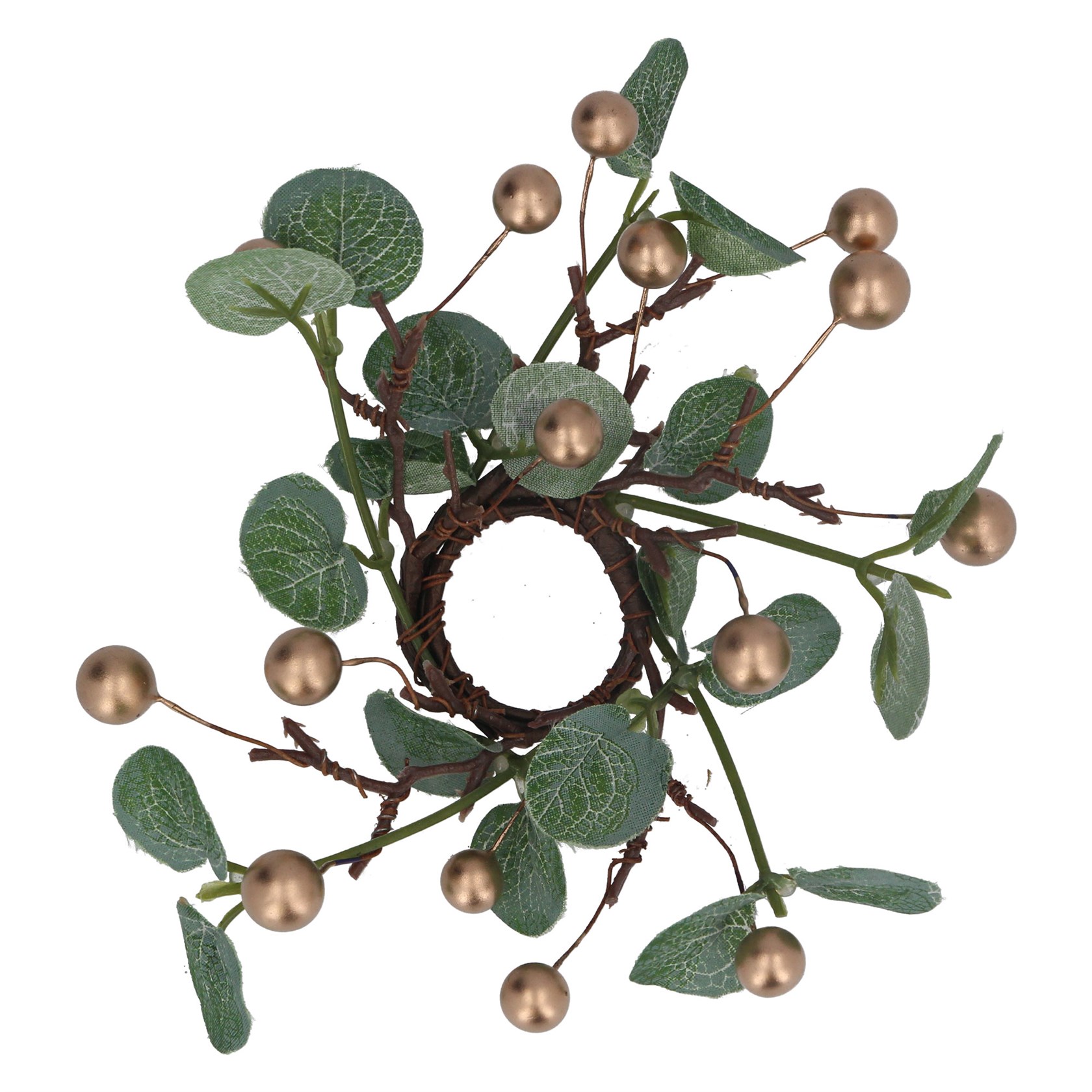 Eucalyptus and gold berry candle ring Christmas decoration. Size Large. By Gisela Graham. The perfect festive addition to your home.